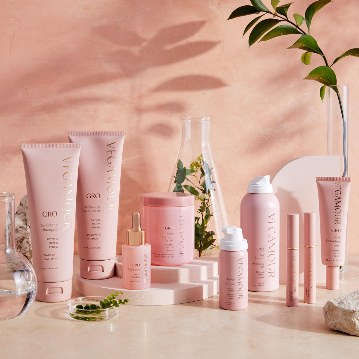 GRO Detoxifying Serum on shelf with GRO Revitalizing Shampoo for best use.