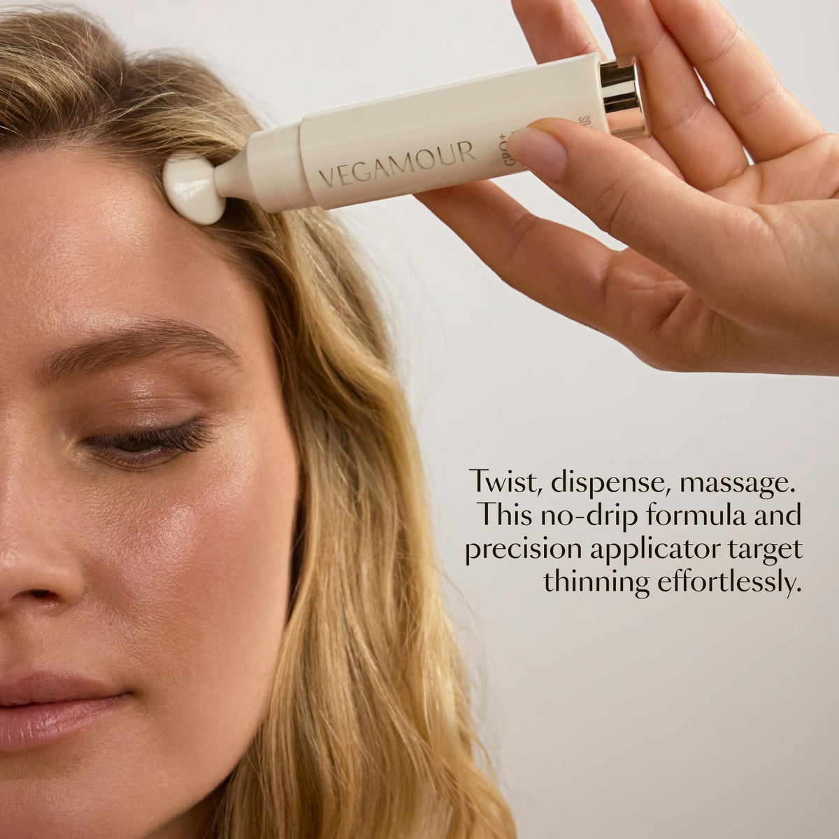 VEGAMOUR GRO+ lightweight formula absorbs quickly on scalp.