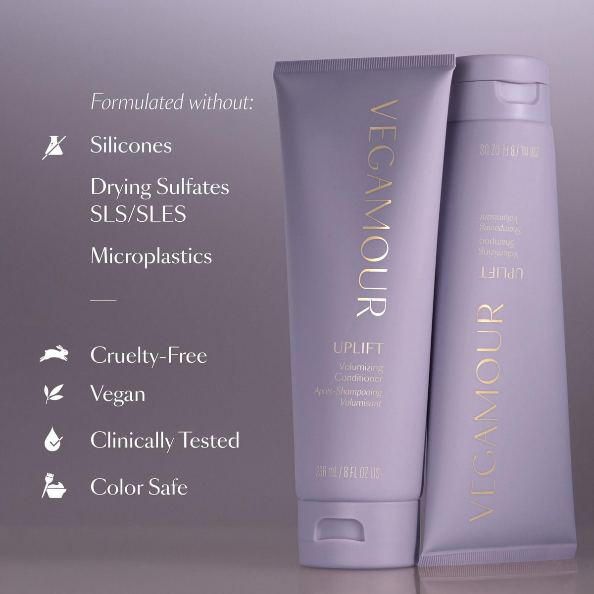 VEGAMOUR UPLIFT color-treated hair protected with added shine