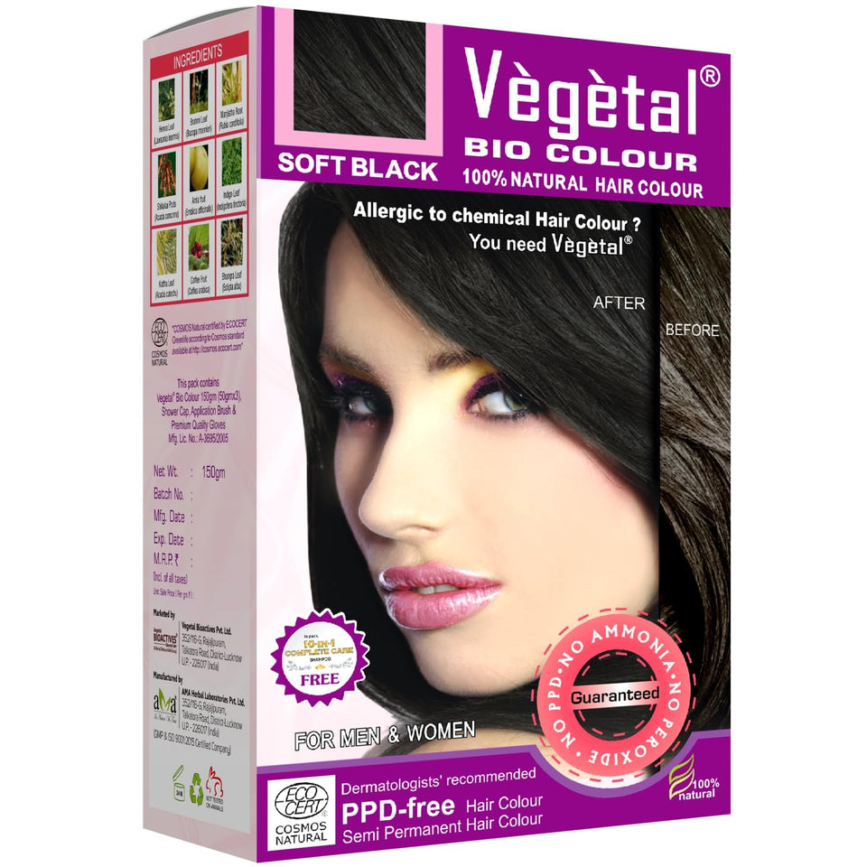 Vegetal Bio Colour Soft Black 150g box ready for at-home use with natural herbal dye