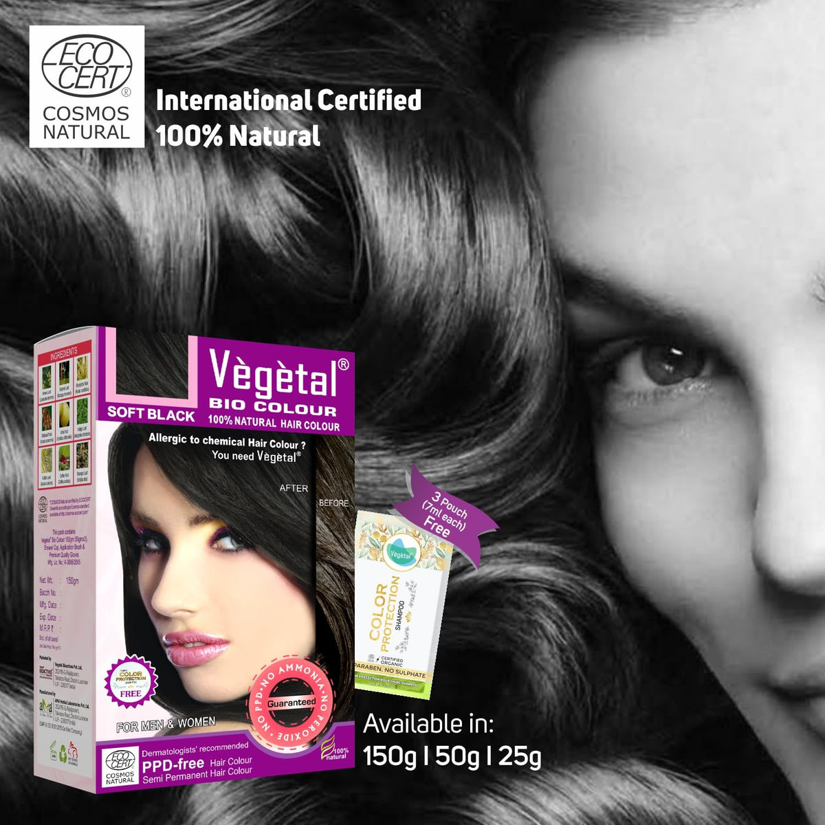 Vegetal Bio Colour Soft Black swatch demonstrating UV protection feature