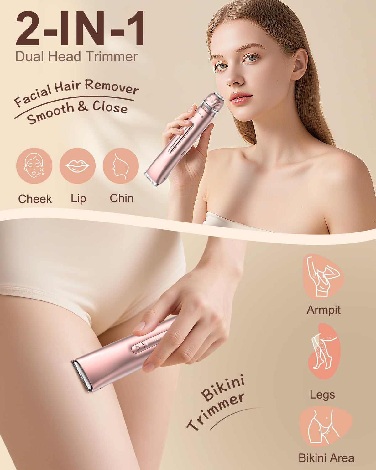 VEGITERIA precision facial head trims upper lip and brows with care.