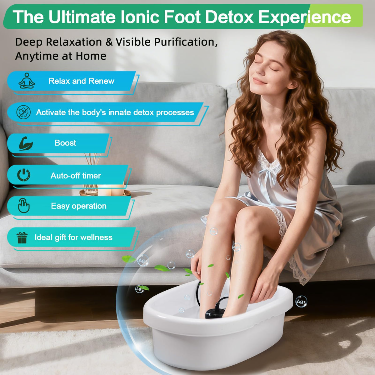 Veicomtech Ionic Foot Bath Detox Machine side angle highlighting portability for spa or home.