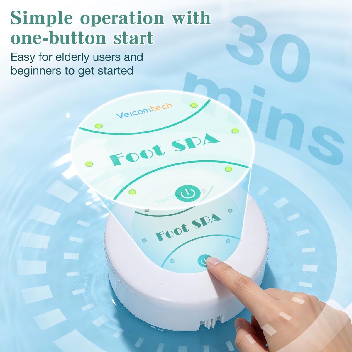 Veicomtech portable foot bath side control panel for simple one-touch operation.