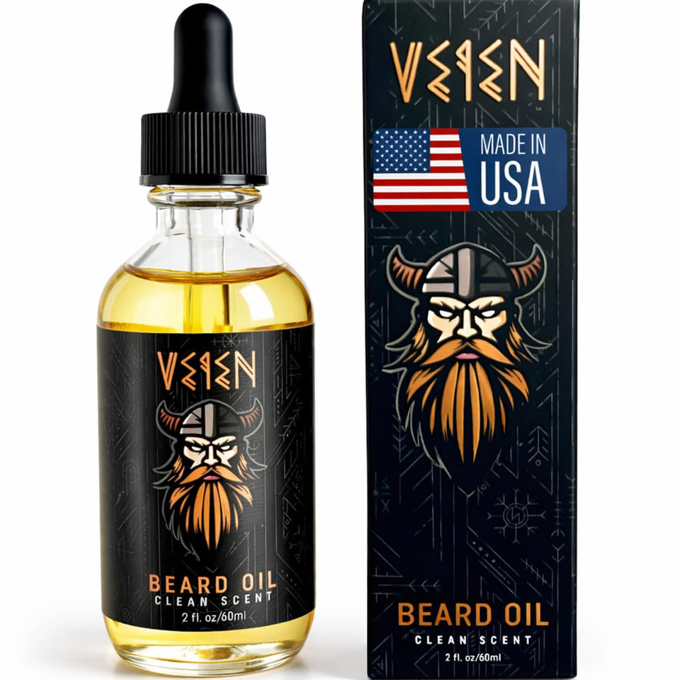 Veien beard oil bottle closeup highlights a lightweight, non-greasy formula