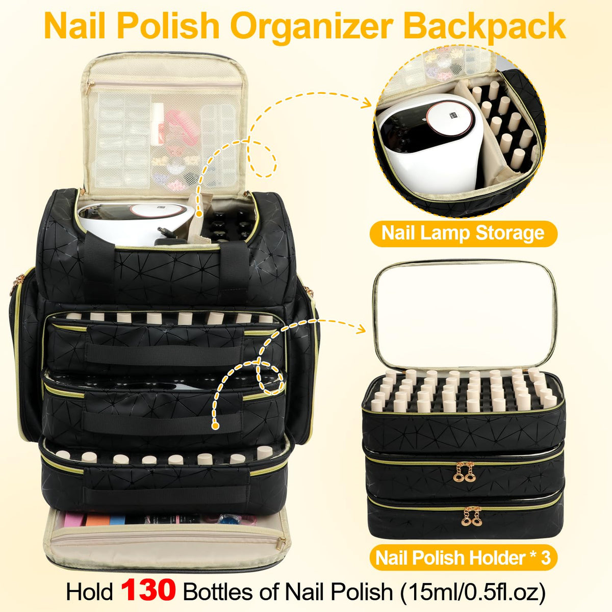 Veirdro Nail Polish Organizer Backpack open main compartment for easy access.
