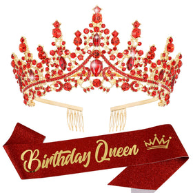 VELSCRUN red crystal birthday queen tiara sparkles for party glamour and photo moments