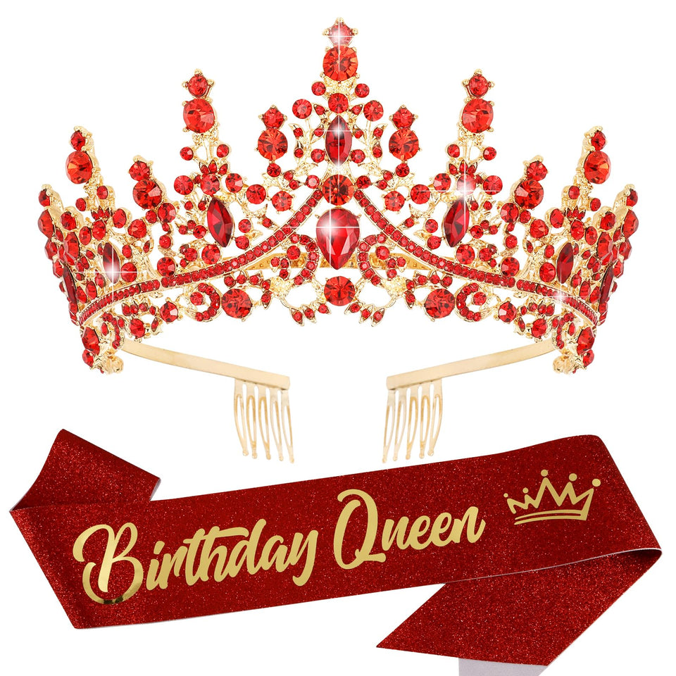 VELSCRUN red crystal birthday queen tiara sparkles for party glamour and photo moments