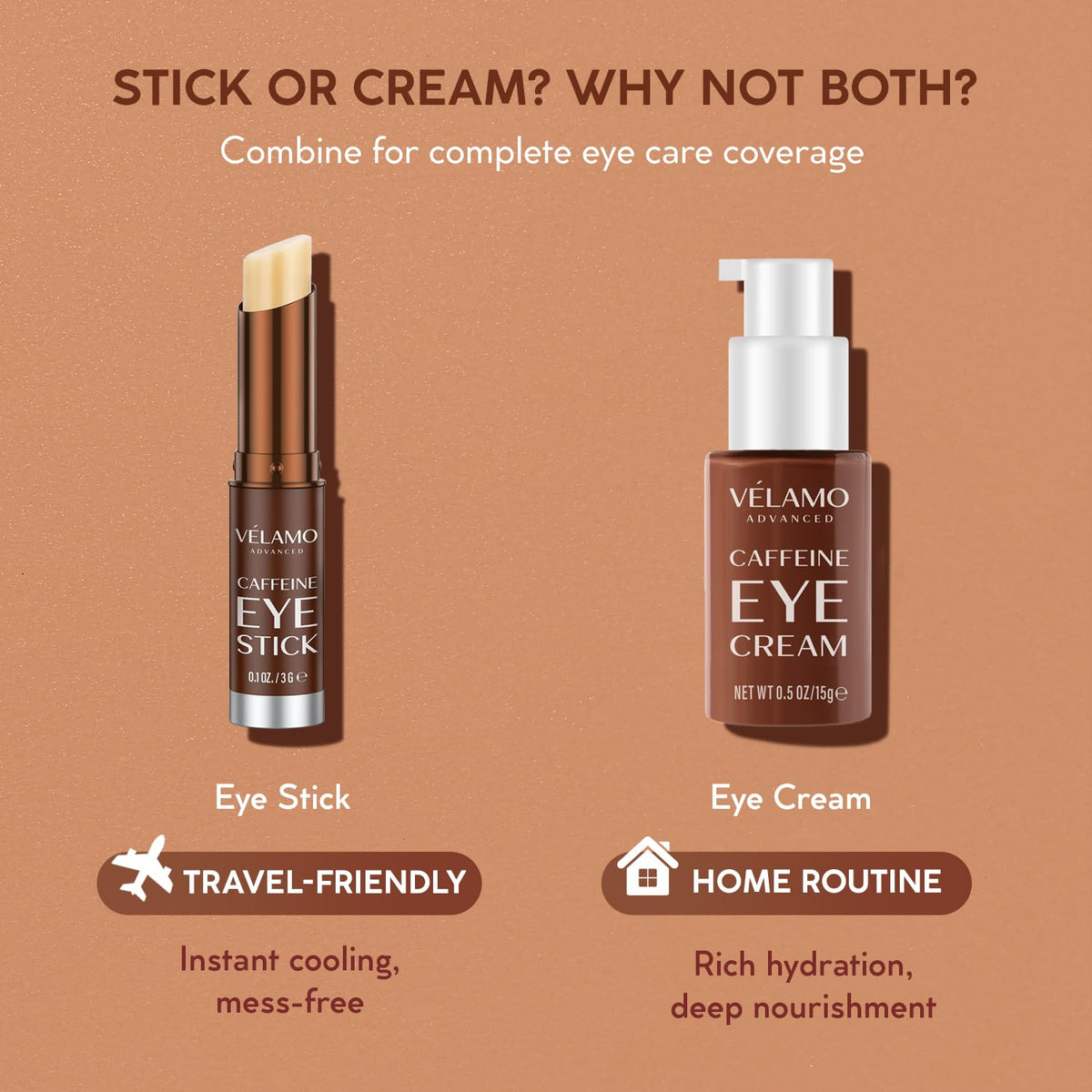 VELAMO ADVANCED caffeine eye stick ingredients meadowfoam and sea buckthorn shown