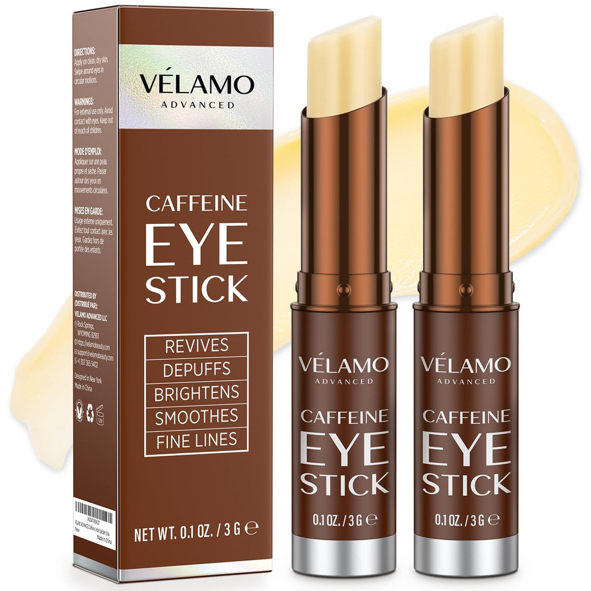 VELAMO ADVANCED caffeine eye stick packaging ready for travel and on-the-go use
