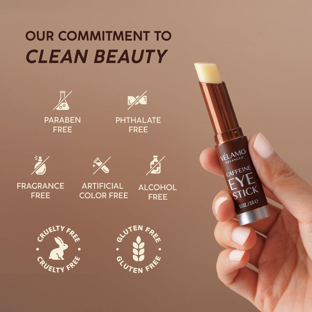 VELAMO ADVANCED caffeine eye stick texture close-up demonstrates easy glide