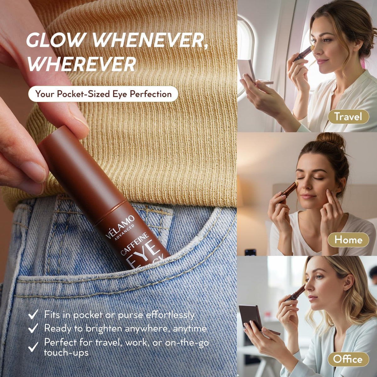 VELAMO ADVANCED caffeine eye stick travel-size pack ready for planes