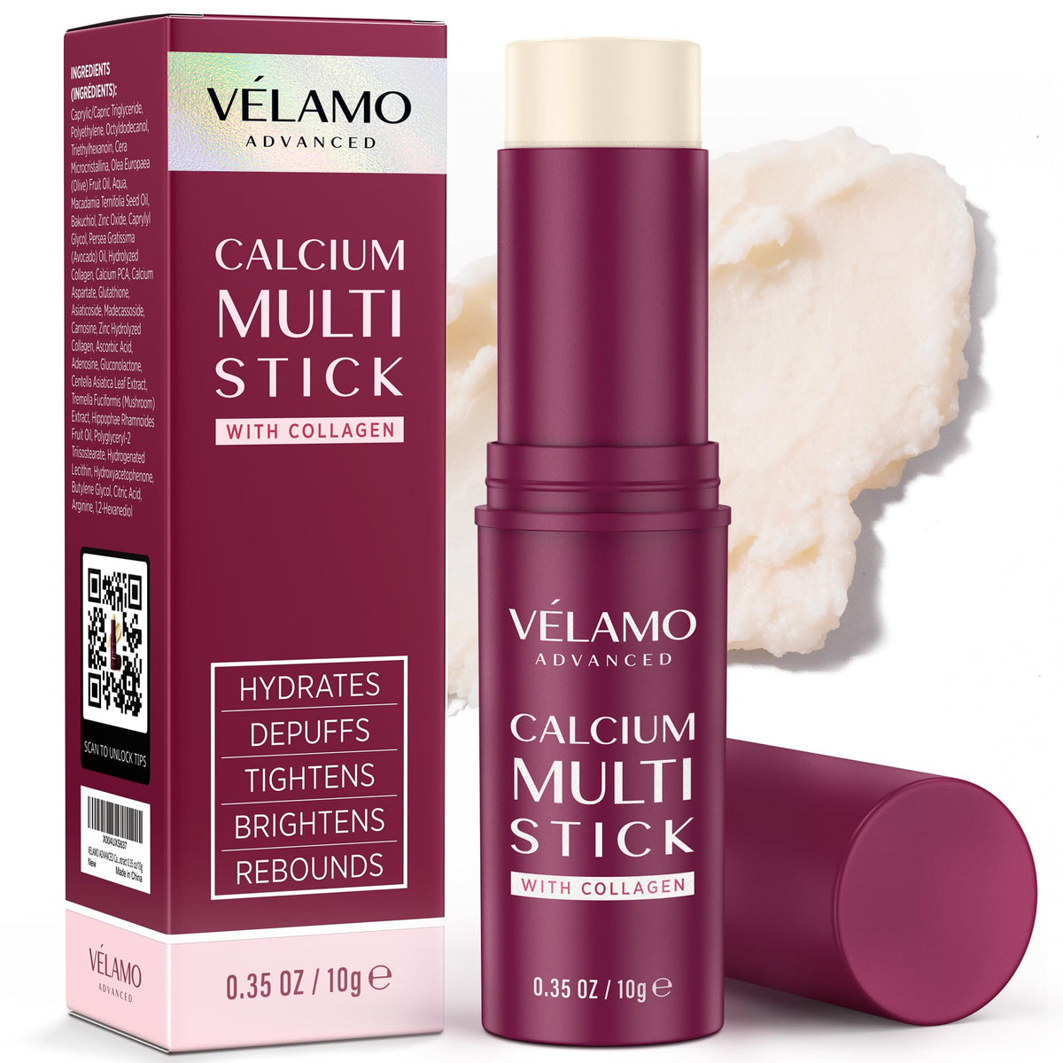 VELAMO ADVANCED Calcium Multi Balm Stick under-eye application for smoother, hydrated skin.