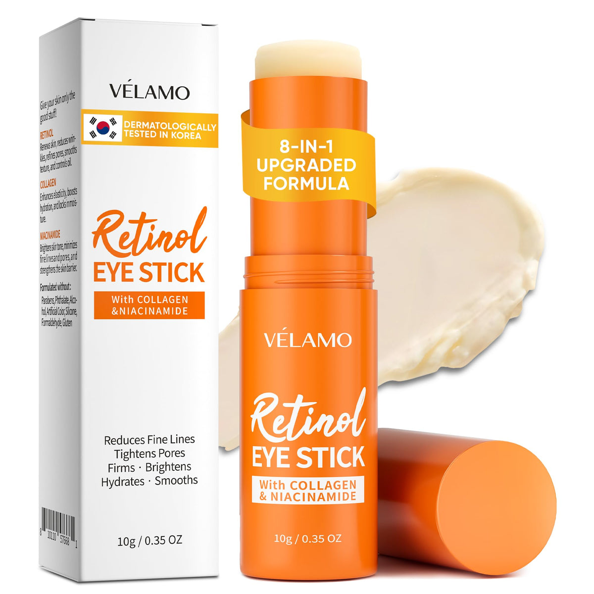VELAMO ADVANCED Retinol Eye Stick packaging highlights portable travel-size care.