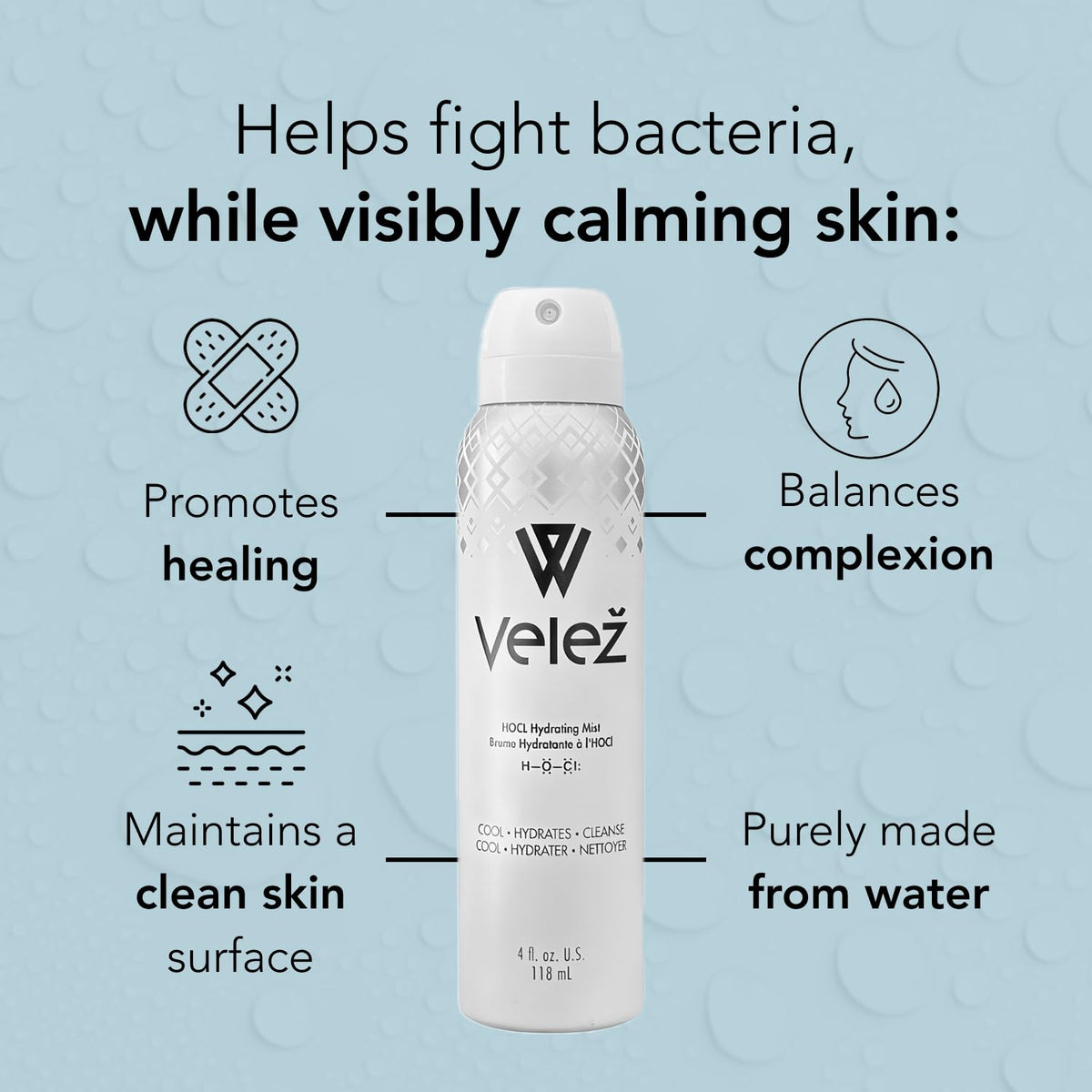 Velez HOCL Hydrating Face Mist airless pump packaging preserves cleanliness.
