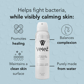 Velez HOCL Hydrating Face Mist airless pump packaging preserves cleanliness.