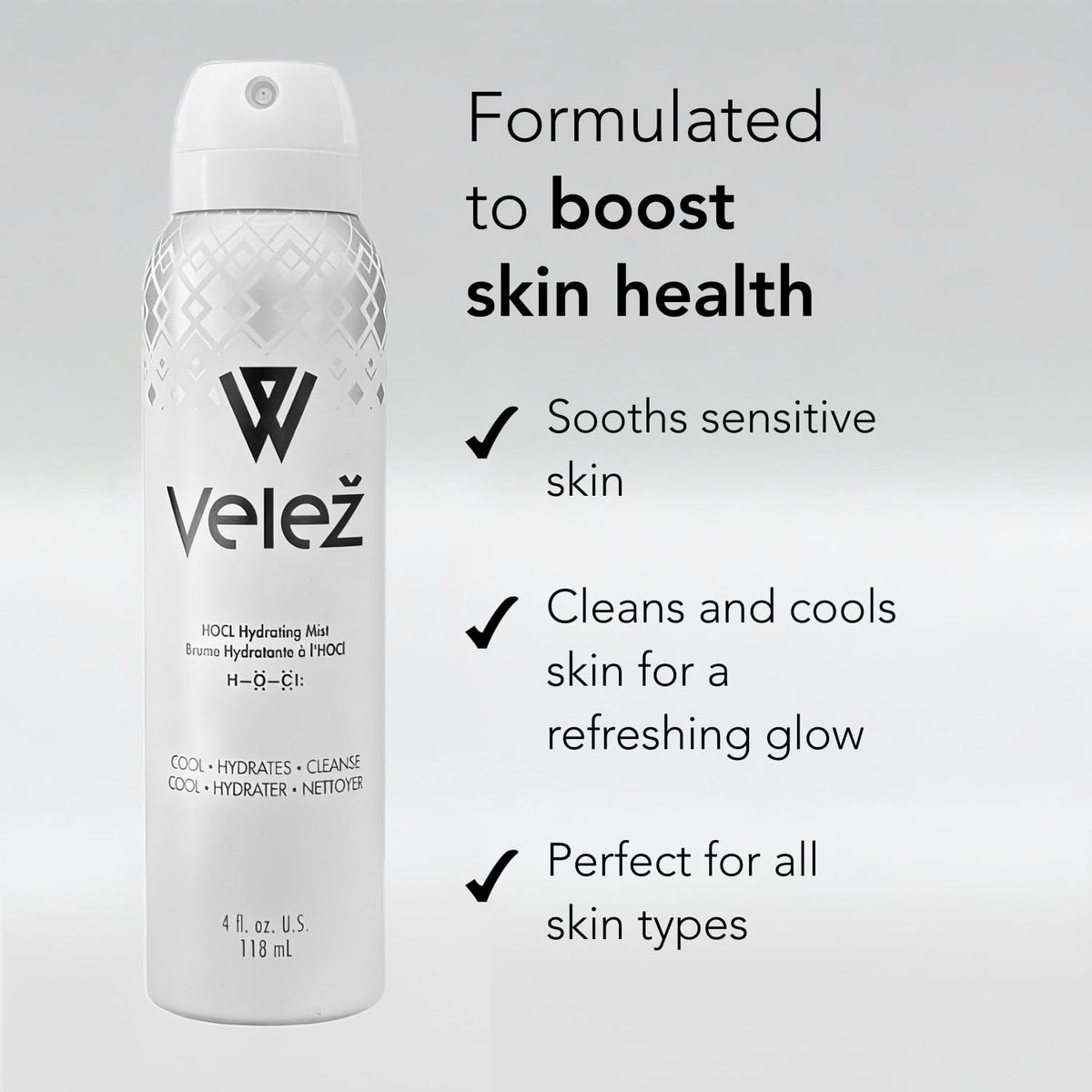 Velez HOCL Hydrating Face Mist tamper-proof bottle protects integrity.