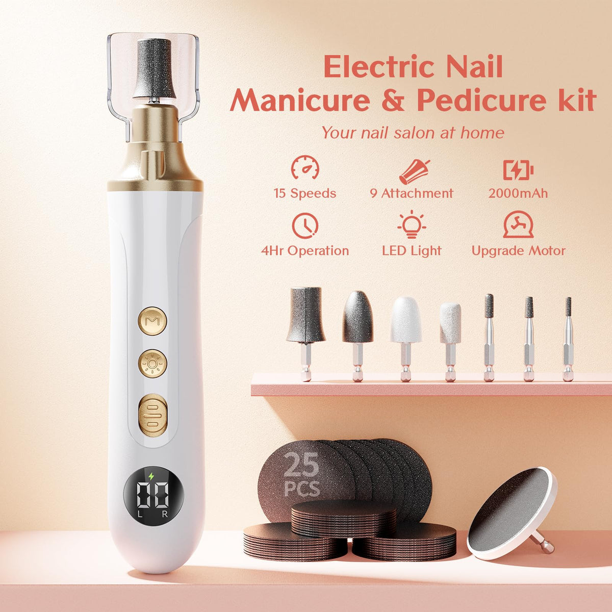 Velnail 15-speed control dial demonstrates precise adjustments for delicate nail areas