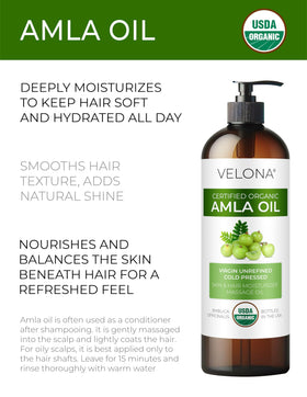 Velona Amla Oil label closeup highlights USDA Organic purity and clean formulation