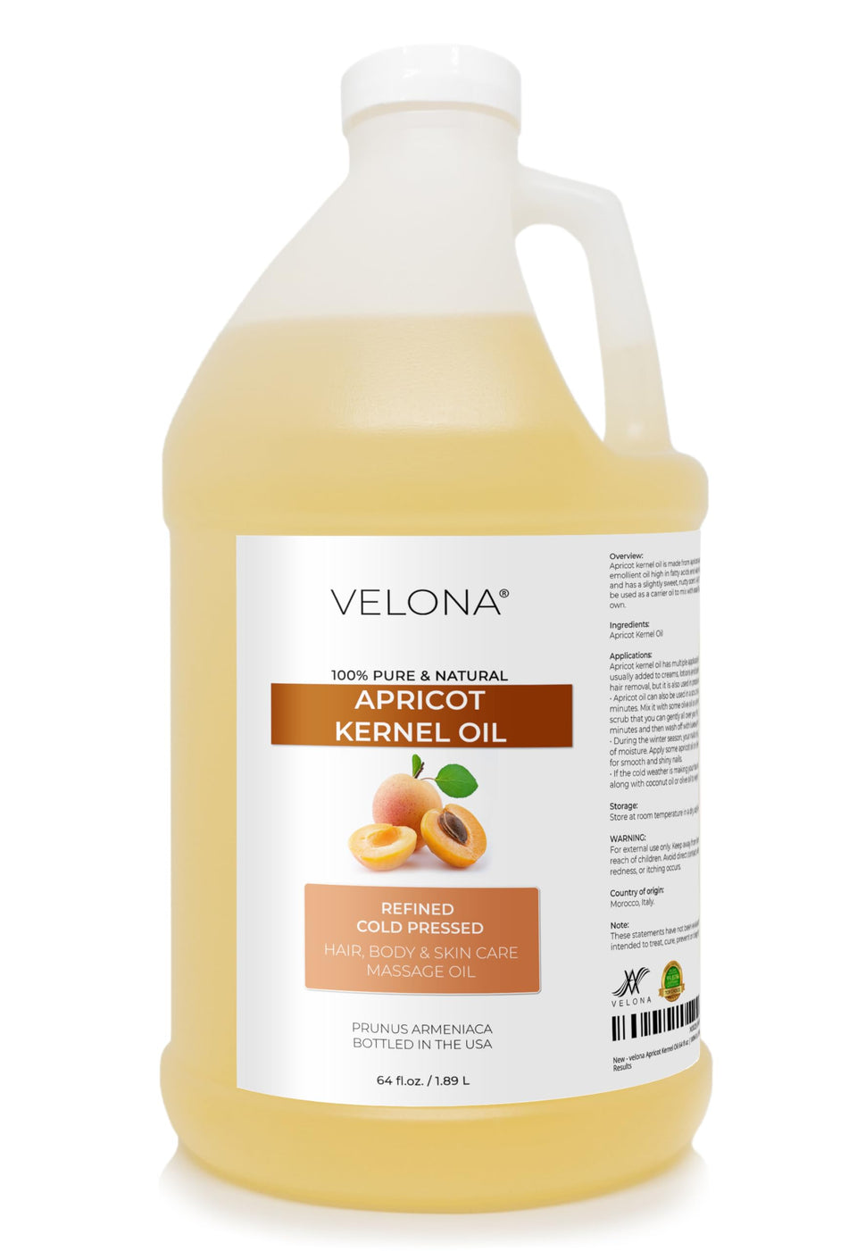 Velona Apricot Kernel Oil bottle shows 64 oz container for skin and hair hydration.