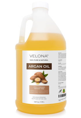 Velona Argan Oil 1gal bottle front view for skin and hair nourishment.