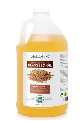 Velona flaxseed oil bottle shows pure, unrefined oil ideal for skin and hair care