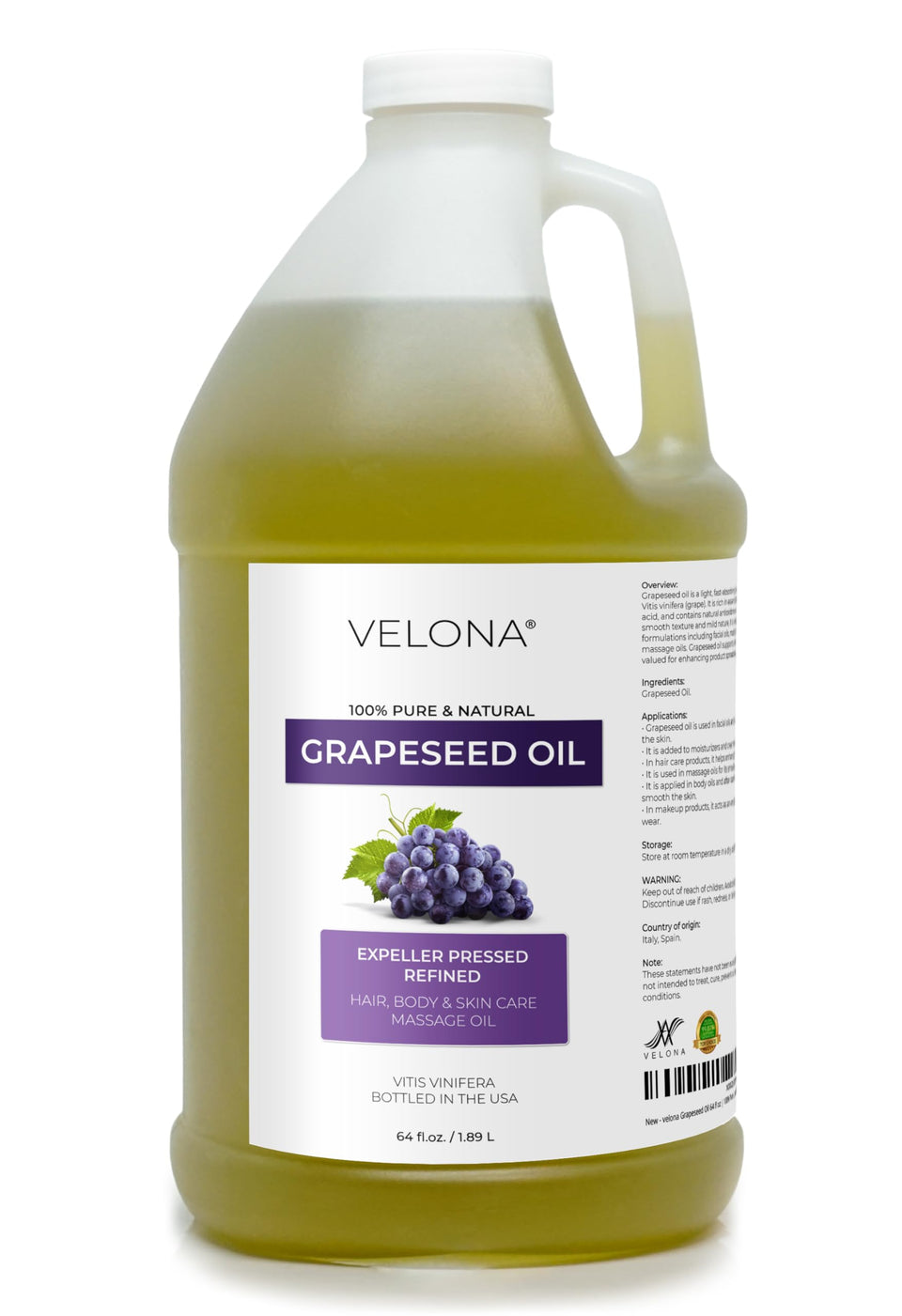 Velona Grapeseed Oil 64oz bottle with light, fast-absorbing moisturizer experience