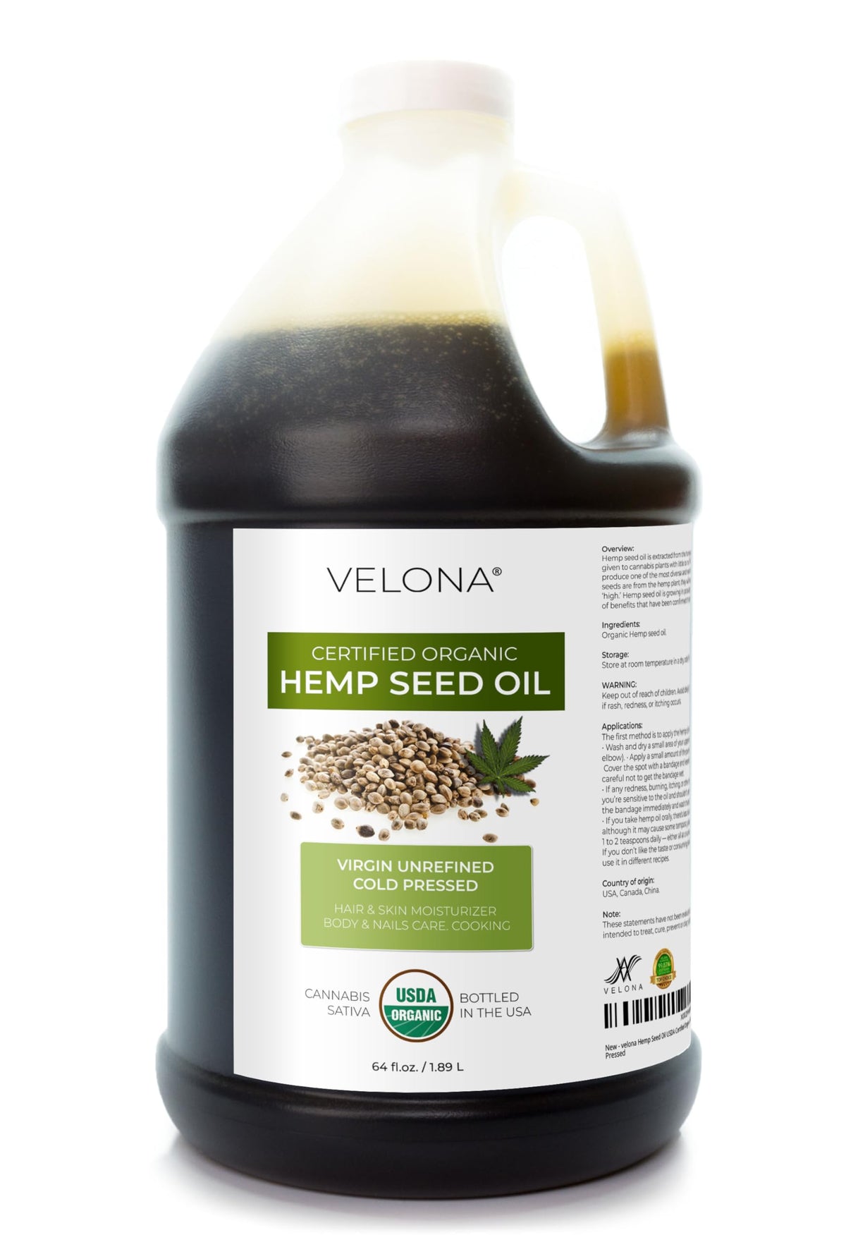 Velona Hemp Seed Oil 64oz bottle front view for nourishing skincare routine.
