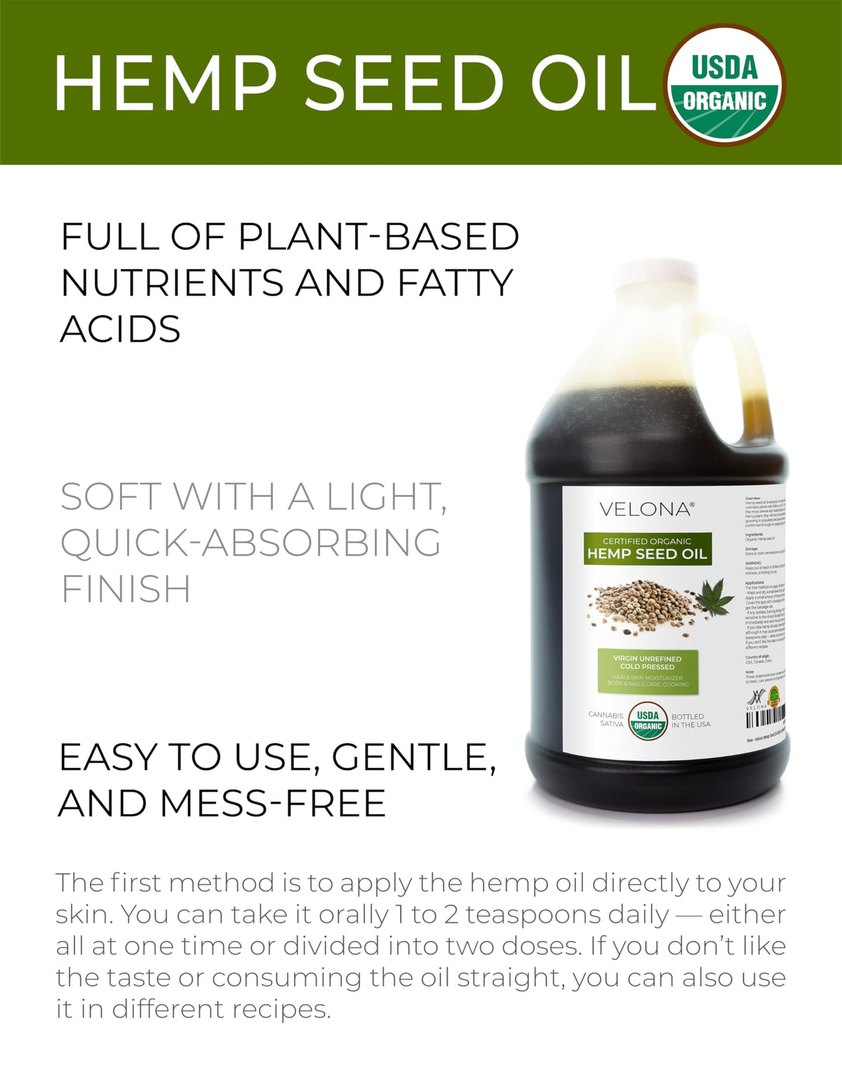 Velona Hemp Seed Oil pour shows unrefined, cold-pressed texture ideal for nourishment.