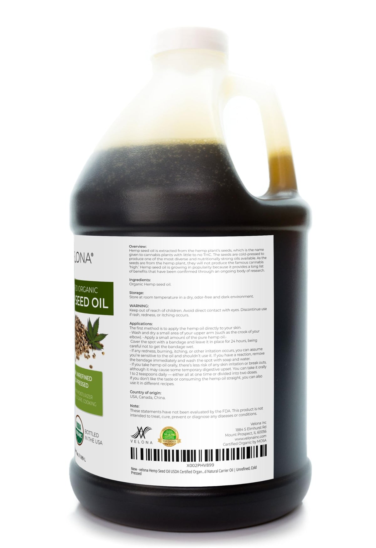 Velona Hemp Seed Oil ingredients label closeup for clean, pure carrier oil.