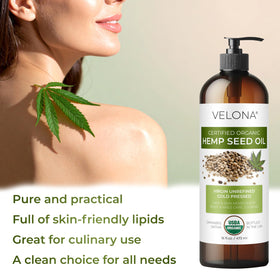 Velona Hemp Seed Oil on wooden shelf scene for daily self-care rituals.