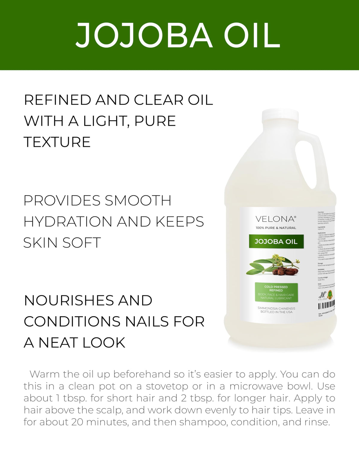 Close-up of Velona jojoba oil texture, clear, light, non-greasy feel.