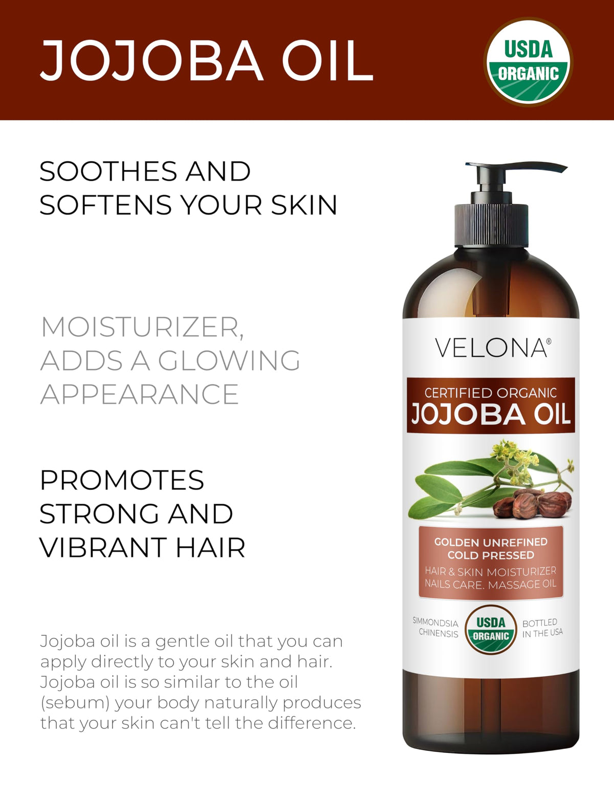 Velona Jojoba Oil amber glass bottle highlights premium packaging and light protection.