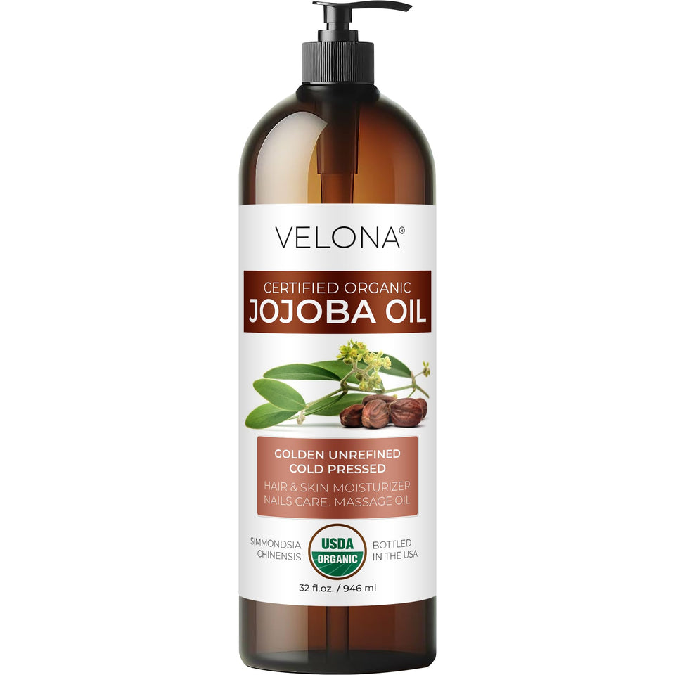 Velona Jojoba Oil bottle with pump delivers hydration for skin and hair.