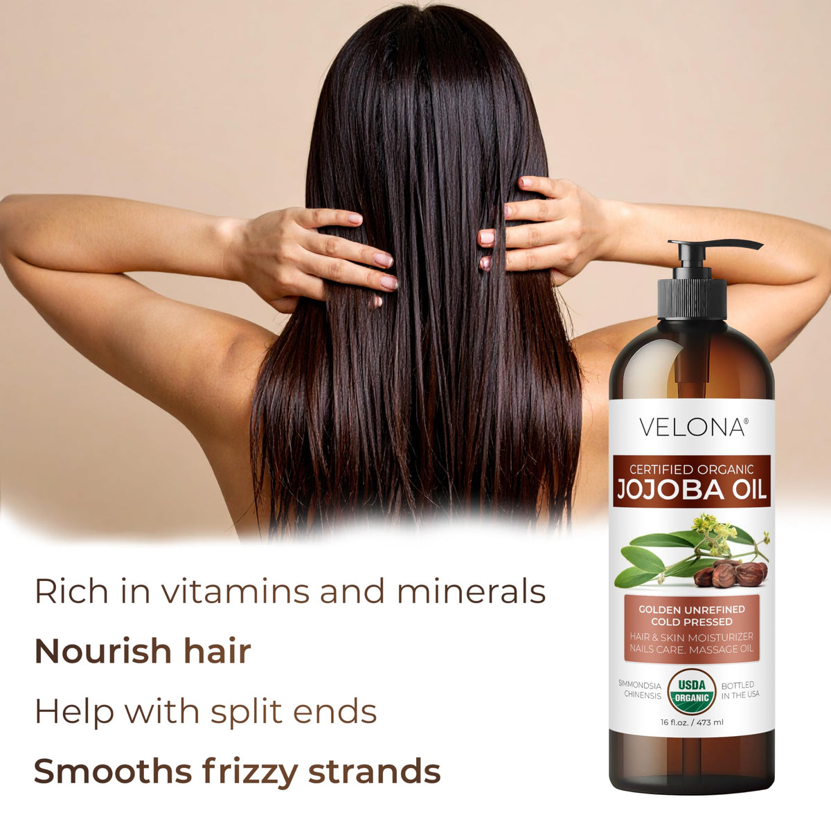 Velona Jojoba Oil fragrance-free label communicates purity and gentle skincare for sensitive skin.