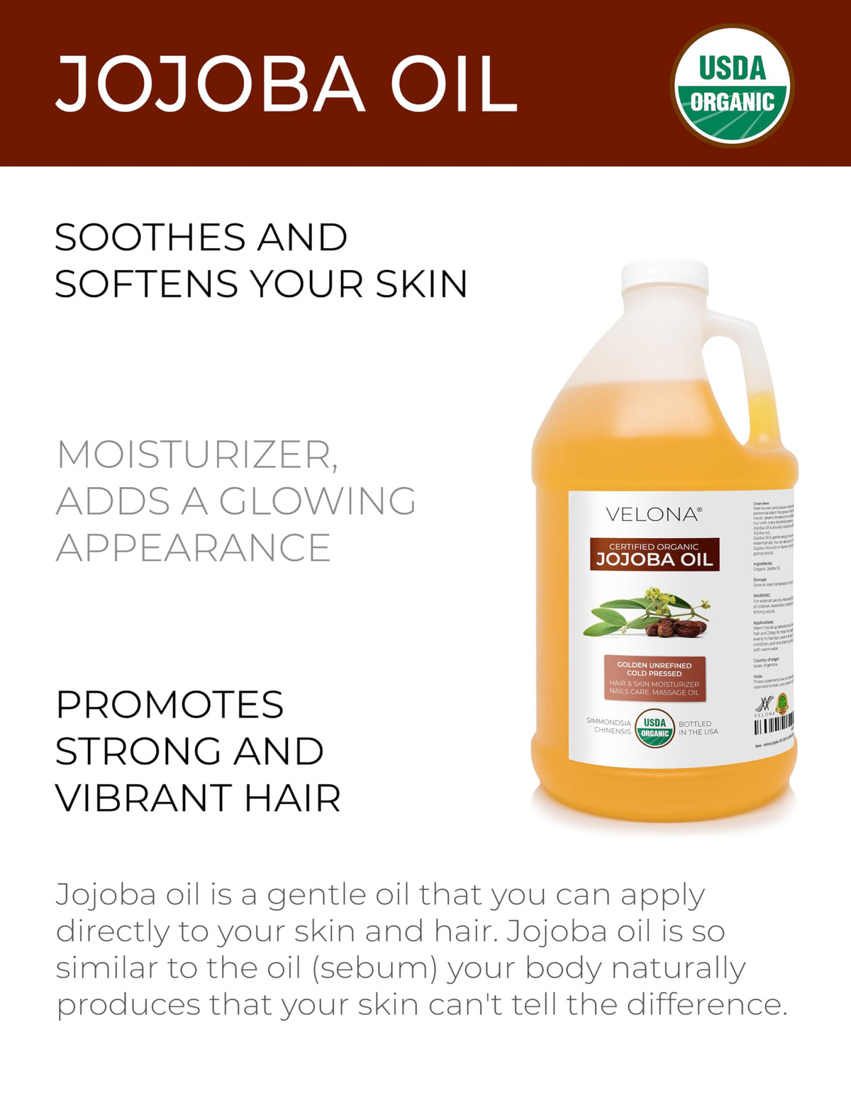 Velona Jojoba Oil pour for easy application on face or body.