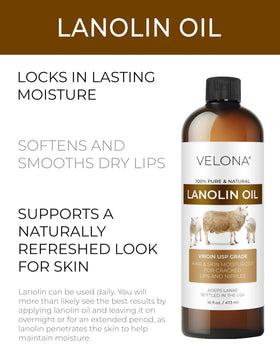Velona Lanolin Oil close-up applying to skin, illustrating deep hydration.