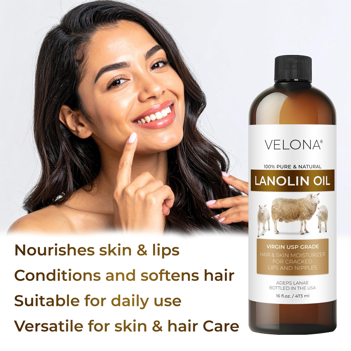 Velona Lanolin Oil packaging with USA bottling imagery, signaling quality and purity.