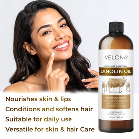 Velona Lanolin Oil packaging with USA bottling imagery, signaling quality and purity.