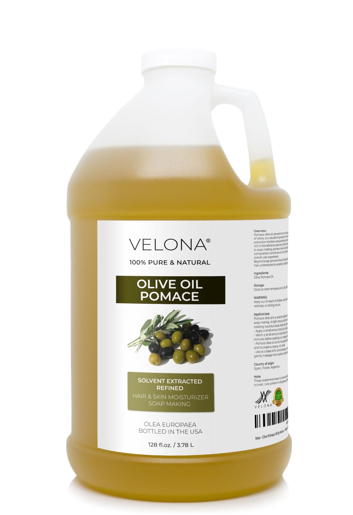 Velona Olive Pomace Oil 1 gallon bottle for skin and hair hydration.