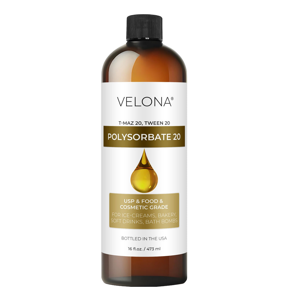 Velona Polysorbate 20 bottle close-up showing purity for stable formulas.