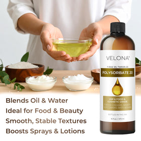 Velona Polysorbate 20 finished skincare product on shelf demonstrates clarity.