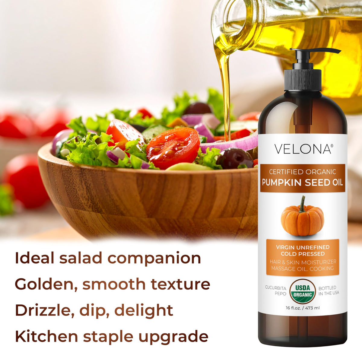 Velona Pumpkin Seed Oil amber color signals rich fatty acids for skin care.