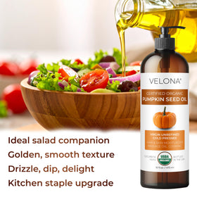Velona Pumpkin Seed Oil amber color signals rich fatty acids for skin care.