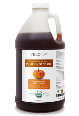 Velona Pumpkin Seed Oil bottle with deep amber color for culinary and skincare use.