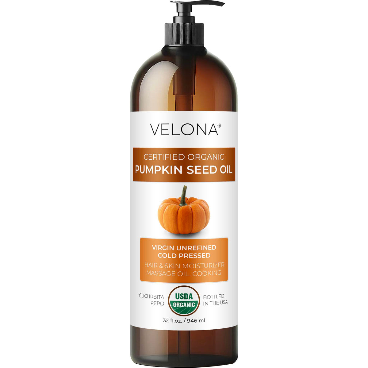 Velona Pumpkin Seed Oil front bottle showing pure organic oil for cooking and skincare