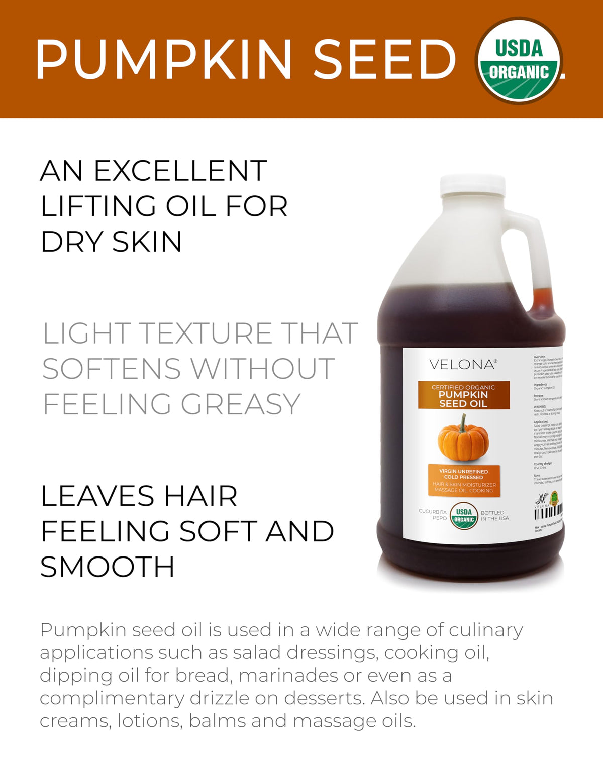 Velona Pumpkin Seed Oil label closeup shows organic, cold-pressed quality.