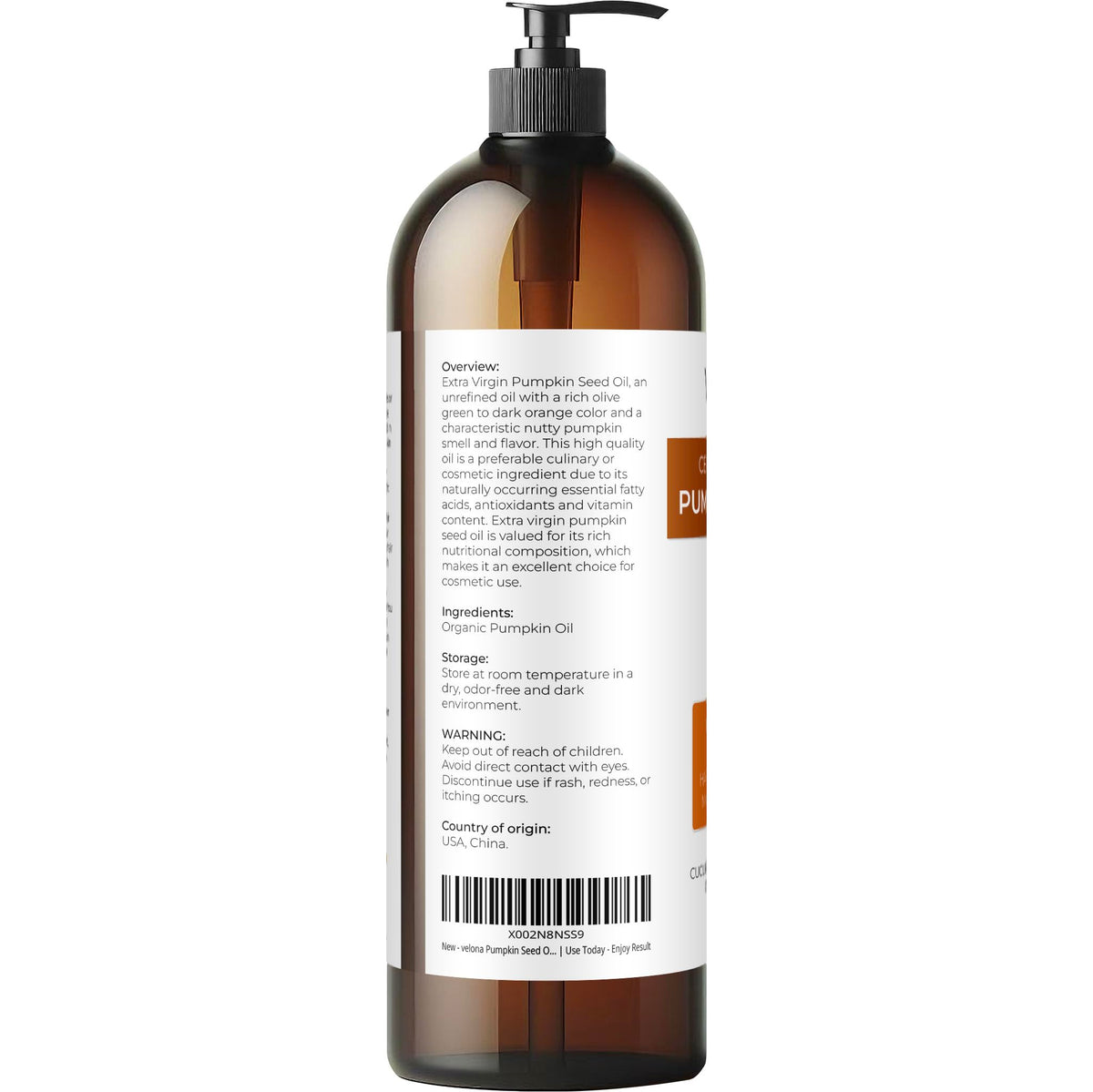 Velona Pumpkin Seed Oil label close-up highlighting cold-pressed, unrefined quality