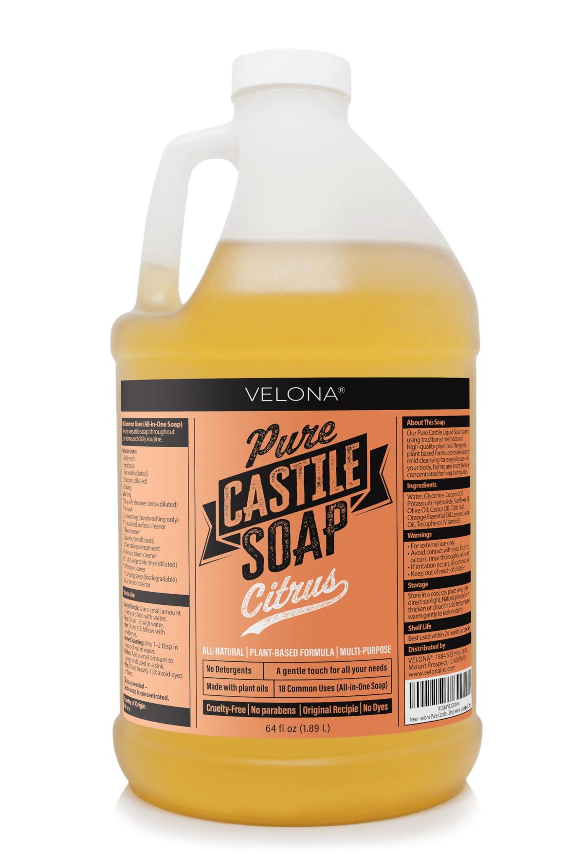 Velona Pure Castile Soap bottle shows a versatile cleanser for skin, hair, and household surfaces.