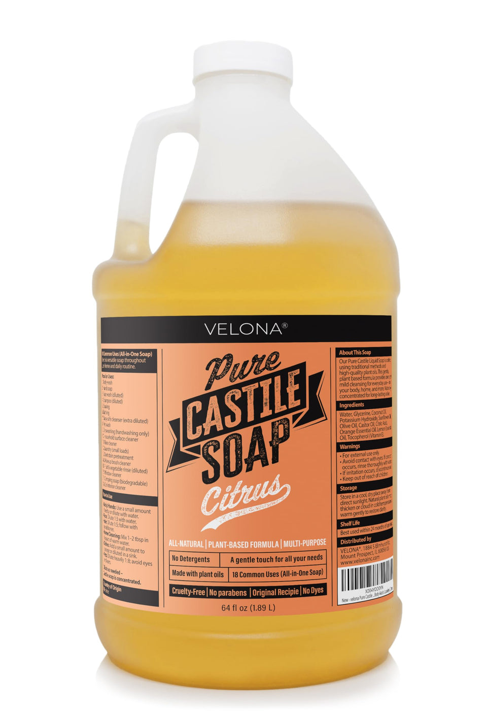 Velona Pure Castile Soap bottle shows a versatile cleanser for skin, hair, and household surfaces.